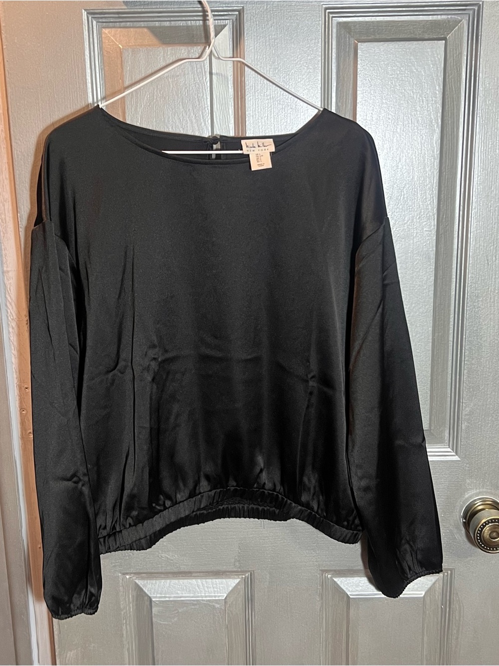 Nicole Miller Black Satin Boatneck Long Sleeve Blouse with Gathered Hem